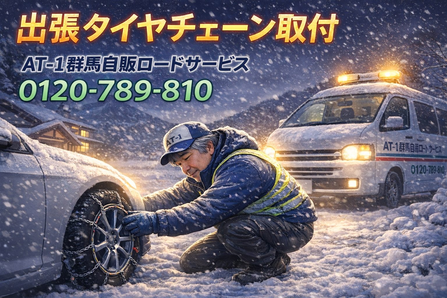 雪のレスキューでタイヤチェーンを取り付ける作業員